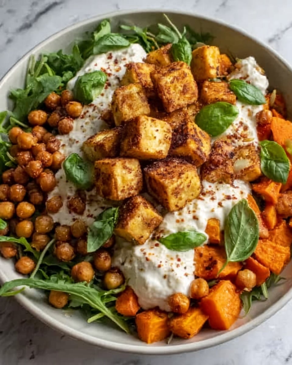 A white plate holds a colorful salad with several layers visible. The base layer is a mix of round chickpeas and green leafy arugula. On top, there are bright orange roasted carrot pieces and small golden-brown tofu cubes with a slightly crispy texture. Scattered throughout the salad are dollops of creamy white yogurt sauce. The salad is garnished with fresh green basil leaves for contrast. The plate is set on a white marbled surface. Photo taken with an iphone --ar 4:5 --v 7