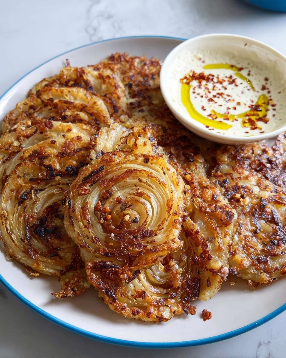 A blue plate holds a golden-brown, crispy onion pancake made from visible round onion slices stacked closely with browned, crunchy edges and a slightly oily texture. There is one smaller portion of the pancake at the bottom right corner with a darker, more caramelized crust. Next to the pancake on the plate's edge is a small black bowl of white creamy dipping sauce, topped with red chili flakes and a thin drizzle of oil. The dish sits on a white marbled surface. photo taken with an iphone --ar 4:5 --v 7