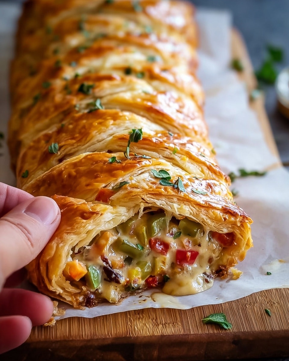 A golden brown puff pastry braid with a shiny, flaky top layer decorated with small green parsley leaves, showing multiple thin crisp layers of pastry. Inside, a colorful mix is visible with a creamy sauce holding chunks of red and green vegetables, and small pieces of yellow and white, all tightly packed. The pastry sits on a white parchment paper over a wooden board, and a woman's hand is gently lifting the end of the braid. The background is a white marbled texture. photo taken with an iphone --ar 4:5 --v 7