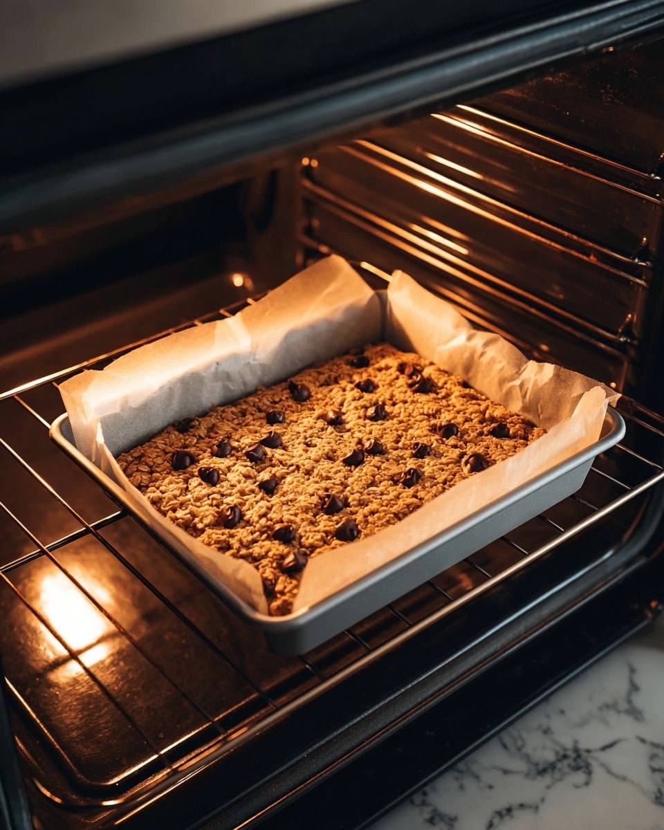 A square tray lined with white baking paper holds a freshly baked golden-brown oatmeal cookie bar with a rough textured surface, scattered evenly with dark brown chocolate chips. The thick, crumbly bar shows visible oat flakes throughout. The tray is inside a shiny oven rack, and warm light highlights the warm colors and baked texture over a clean white marbled surface. photo taken with an iphone --ar 4:5 --v 7