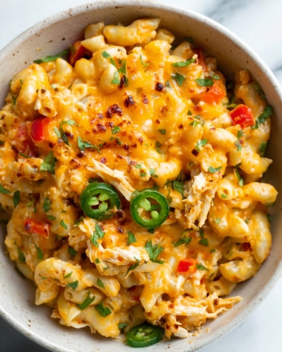 The image shows a dish of creamy mac and cheese served in a white bowl. The top layer is melted cheese that is golden and slightly crispy in some spots. Underneath are many elbow macaroni pieces covered in a smooth, rich orange cheese sauce. Small bits of green jalapeño slices and small red specks, likely from peppers, are scattered on top, adding bright color. The texture looks creamy and cheesy with some melted cheese strings stretching slightly. The bowl is placed on a white marbled surface. Photo taken with an iphone --ar 4:5 --v 7