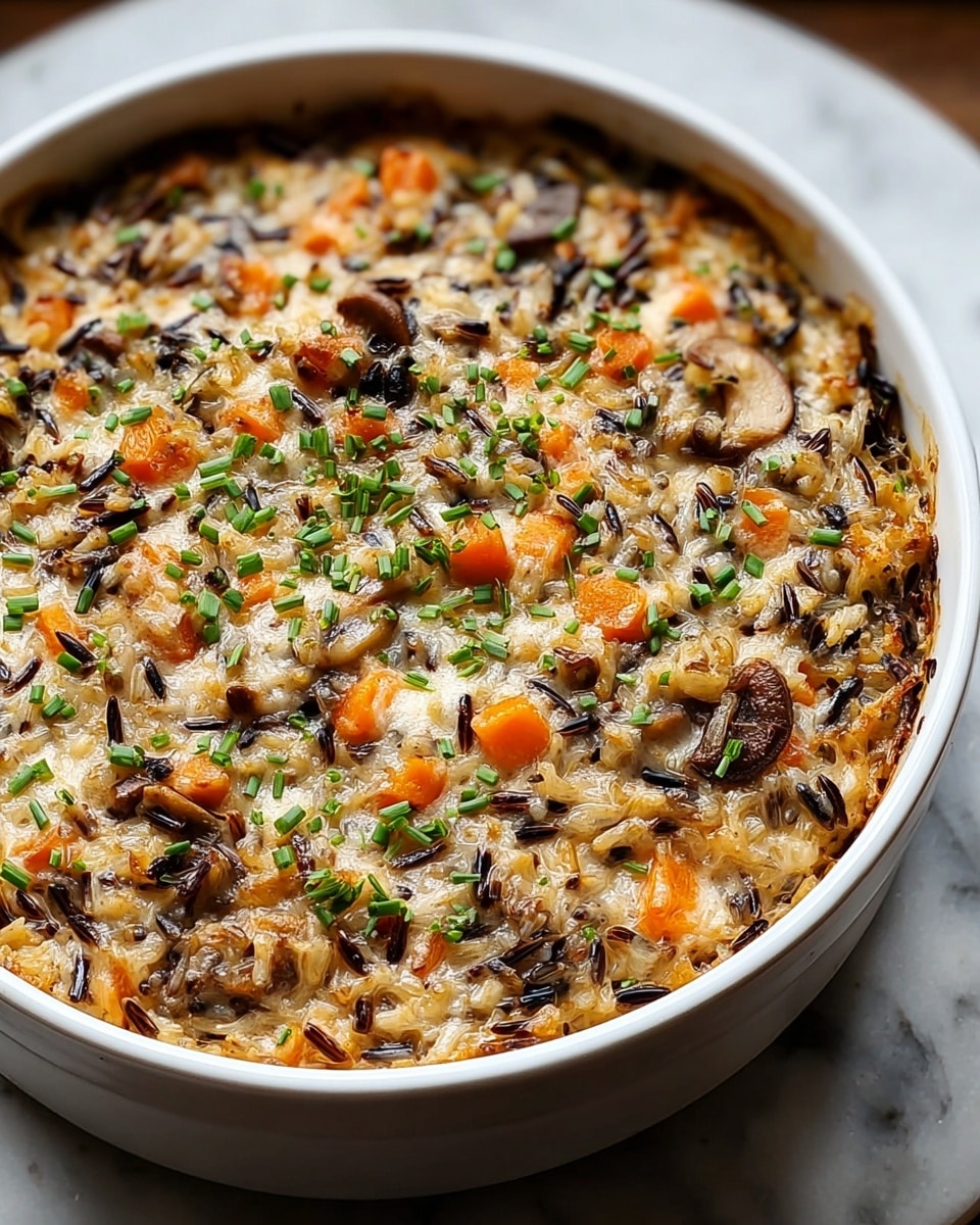 A white round bowl filled with a creamy, baked rice dish that has three main visible layers mixed together: a soft, beige creamy sauce; wild rice with dark brown grains; and chunks of food like orange carrot slices and light brown mushroom pieces. The surface is slightly browned in spots, showing baked edges, and sprinkled with fresh green chopped herbs. The bowl sits on a white marbled textured surface. photo taken with an iphone --ar 4:5 --v 7