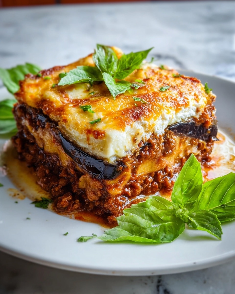 A close-up view of a thick square slice of lasagna on a white plate, showing four visible layers: a rich reddish-brown meat sauce layer at the bottom, followed by a thin dark layer of eggplant, then a creamy white cheese layer, and topped with a golden-browned melted cheese crust with browned spots. Fresh bright green basil leaves are placed on top and scattered around the plate. The plate is set on a white marbled surface, with a blurred green and brown background. photo taken with an iphone --ar 4:5 --v 7
