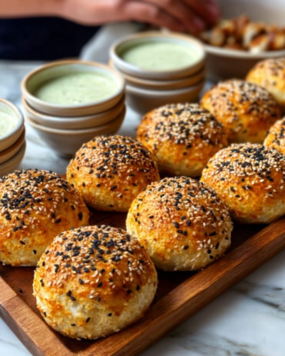 The image shows a wooden board with eight round baked balls arranged in two rows. Each ball is golden brown with a slightly rough texture, topped with black and white sesame seeds. The background includes white bowls stacked on the left side, and a wooden bowl with white sauce and green herbs is visible behind the board. The setting rests on a white marbled surface. photo taken with an iphone --ar 4:5 --v 7
