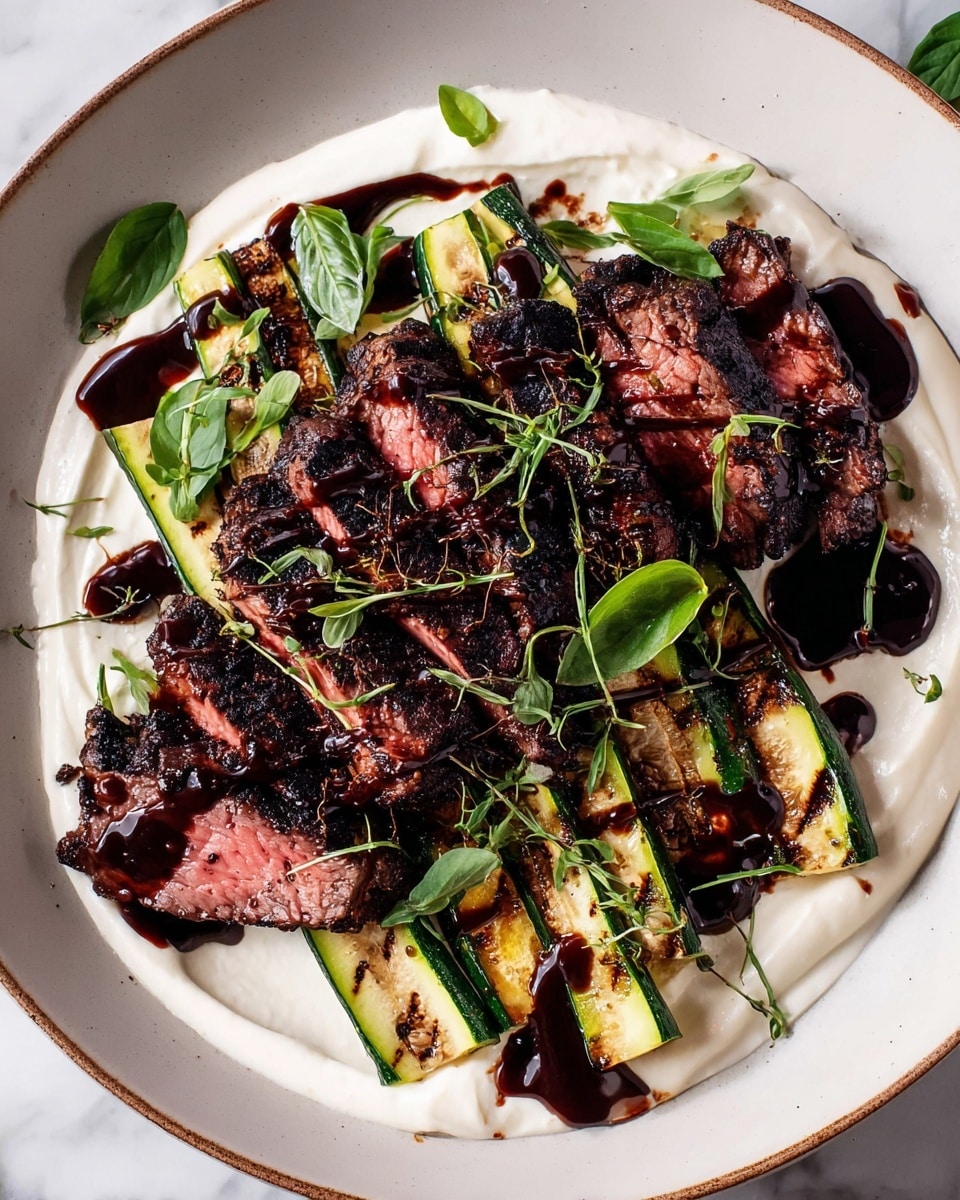 A white plate holds a layered dish starting with a base of creamy white sauce spread unevenly across the bottom. On top, there are a few long, grilled slices of zucchini with distinct dark grill marks and a light green outer peel. Resting on the zucchini are thin slices of medium-rare steak, showing a pink center with a dark, charred crust. The steak is generously drizzled with a shiny, dark brown sauce. Scattered on top of everything are small fresh green basil leaves and tiny sprigs of herbs, adding a fresh touch of color. The plate sits on a white marbled surface. Photo taken with an iphone --ar 4:5 --v 7