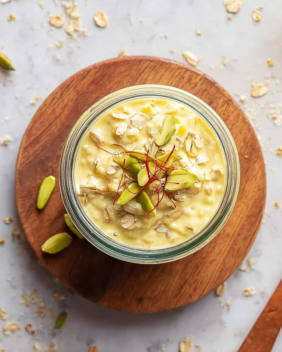 A glass bowl filled with a creamy light yellow pudding that has a soft, smooth texture. On top, there is a layer of chopped green nuts, possibly pistachios, and a few scattered thin red strands, possibly saffron, adding color contrast. The glass bowl sits on a round wooden cutting board, with some scattered oat flakes around it. The background is a white marbled texture. photo taken with an iphone --ar 4:5 --v 7