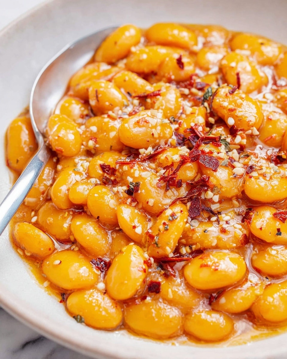 The image shows a close-up of a single layer of bright yellow beans covered in a thick, glossy orange sauce. Small bits of red chili flakes and white seeds are sprinkled evenly over the top, adding a textured look with red and white specks across the surface. A silver spoon is partly submerged on the left side, resting on a white bowl filled with the beans. The bowl is placed on a white marbled surface. photo taken with an iphone --ar 4:5 --v 7