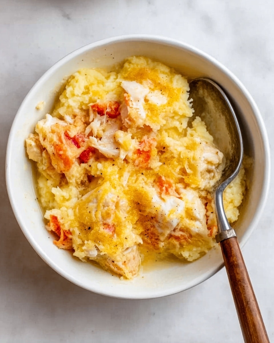 The image shows a white bowl filled with a creamy lobster mac and cheese. The dish has multiple layers of melted yellow cheese mixed with pieces of pale pink lobster meat scattered throughout. The pasta beneath is coated in a thick, smooth cheese sauce that has a light yellow color and slightly bubbly texture. A silver fork with a wooden handle rests inside the bowl, partly submerged in the cheesy mixture. The whole bowl is placed on a white marbled surface. photo taken with an iphone --ar 4:5 --v 7