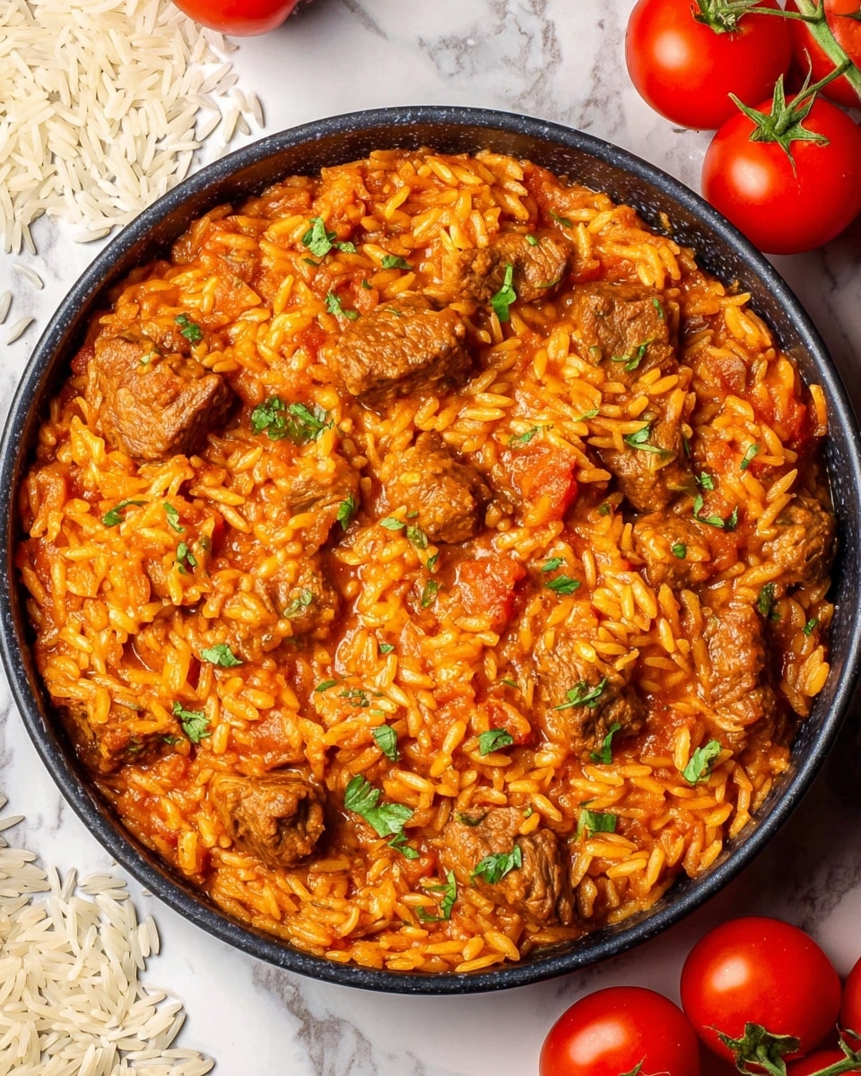 A black bowl filled with a thick, orange-red stew made of small rice-shaped pasta and chunks of tender brown meat, mixed evenly and garnished with small green herb pieces on top. The bowl is placed on a white marbled surface with some ripe red tomatoes in the background, and a blue cloth napkin partially visible near the bowl. photo taken with an iphone --ar 4:5 --v 7