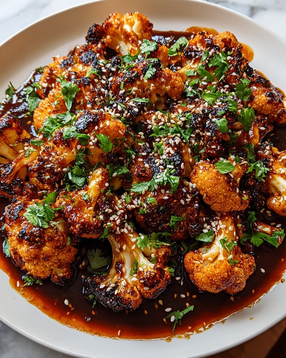 The dish shows one layer of roasted cauliflower florets placed closely together on a white plate, each floret cooked to a golden brown with charred dark edges. The florets are coated in a shiny dark reddish-brown sauce that pools slightly at the bottom. Small white sesame seeds and scattered green chopped herbs are sprinkled evenly over the top, adding spots of contrast and texture. The white marbled surface beneath the plate adds a clean and simple background. photo taken with an iphone --ar 4:5 --v 7