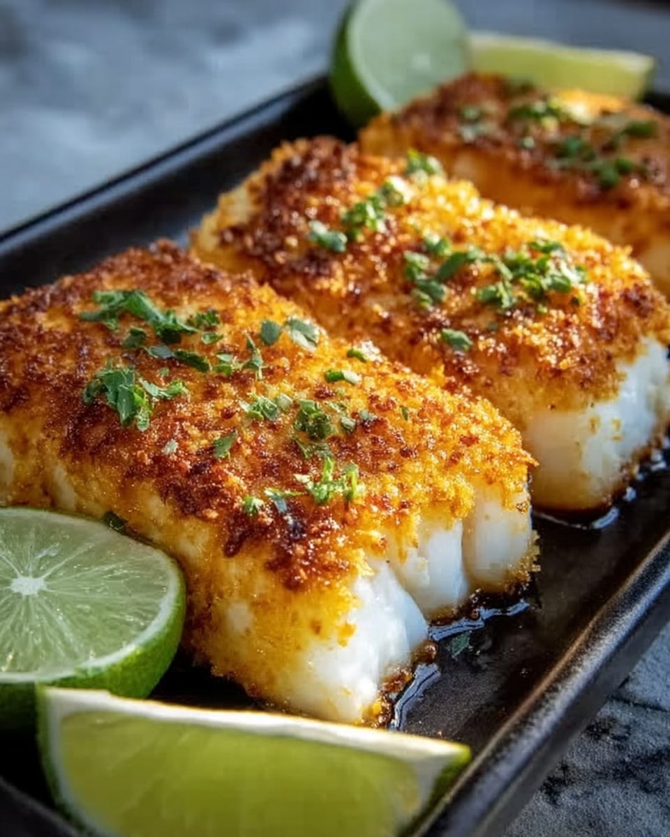 The image shows three pieces of golden brown baked fish with a crispy topping that looks like toasted coconut flakes. Each piece is thick and flaky with a slightly browned crust on top, sprinkled with fresh green cilantro leaves. There is a white lime wedge on the side of the white plate, which holds the fish pieces. The background surface is a white marbled texture, adding a clean look to the scene. photo taken with an iphone --ar 4:5 --v 7