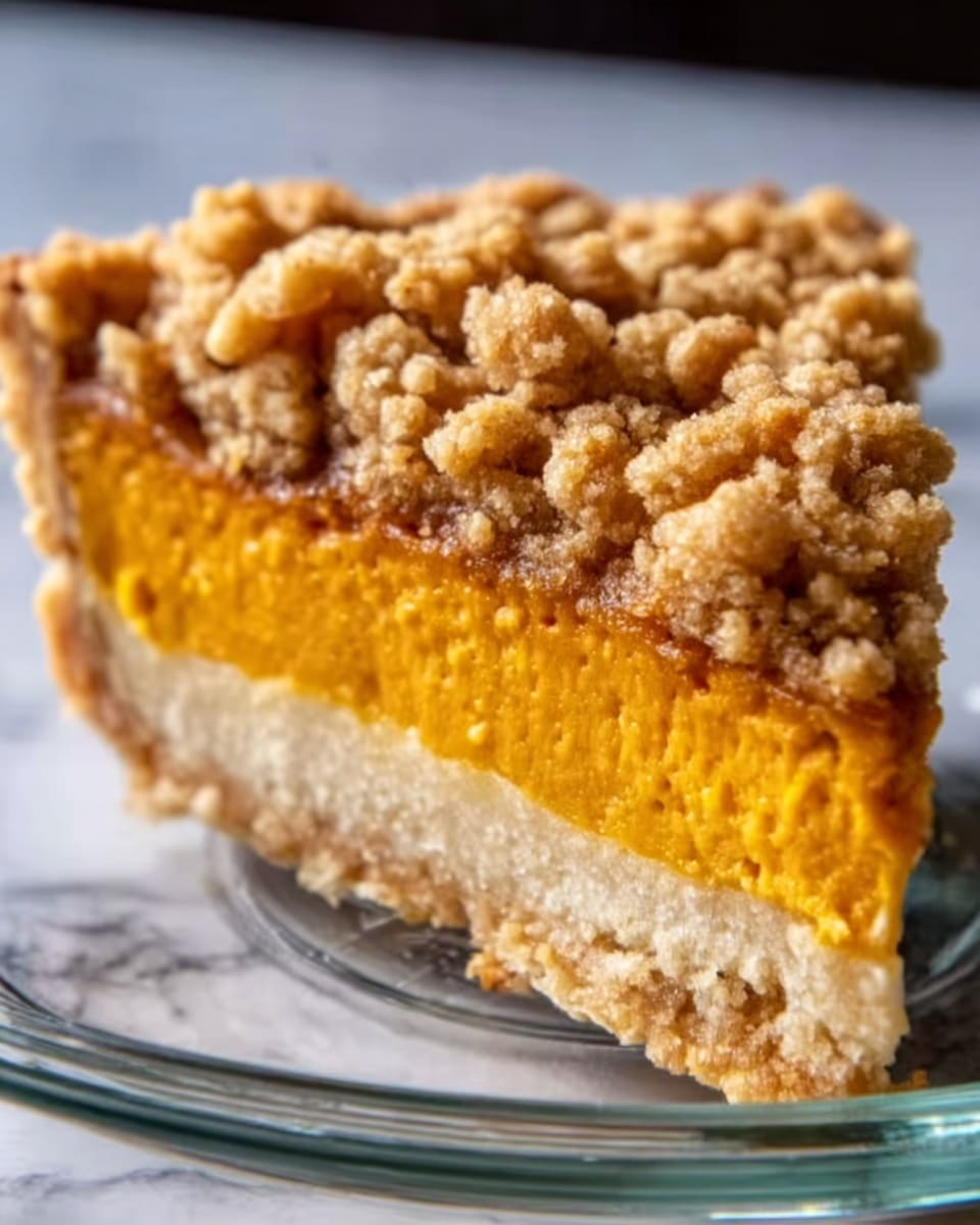 A close-up slice of pumpkin pie with three visible layers: the bottom crust is light beige and crumbly, the middle layer is thick and smooth with bright orange pumpkin filling, and the top layer is a chunky brown crumble topping. The slice is placed on a clear glass plate, resting on a white marbled surface. Photo taken with an iphone --ar 4:5 --v 7