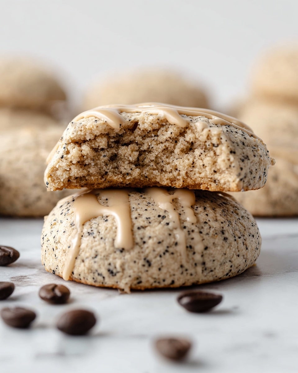 The image shows two stacked round cookies with a crumbly texture and visible tiny dark specks inside, likely from coffee or spices. The top cookie has a bite taken out, revealing a soft, dense inside. Both cookies have light brown drizzle on top, adding a slight shine. Around the cookies are whole dark coffee beans scattered on a white marbled surface, creating a simple and clean background. Photo taken with an iphone --ar 4:5 --v 7
