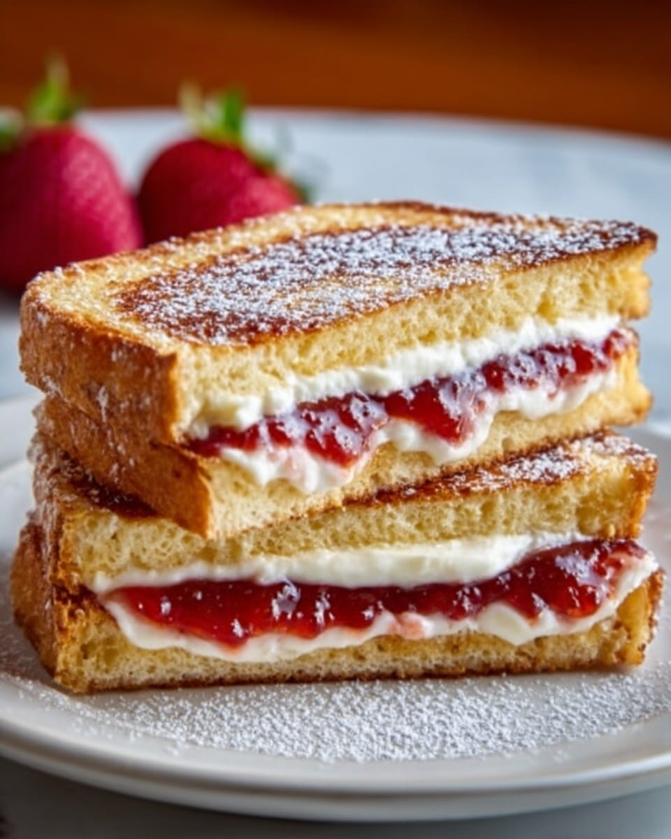 The image shows a sandwich cut in half and stacked, with three visible layers. The top and bottom layers are golden brown toasted bread with a soft texture. The middle layers include a bright red jam layer and a white creamy layer, both evenly spread. The sandwich is placed on a white plate sitting on a white marbled surface. There are whole strawberries slightly blurred in the background, and a light dusting of powdered sugar on top of the sandwich. Photo taken with an iphone --ar 4:5 --v 7
