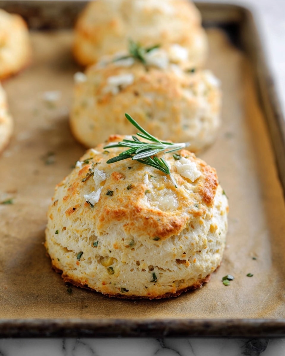 The image shows a close-up of a baked biscuit with a round, slightly cracked top layer that is light golden-brown with small white cheese crumbs and green herb pieces scattered across it. A small sprig of fresh rosemary rests on top of the biscuit. The biscuit’s lower layers are pale beige, fluffy, and textured, with visible air pockets. The biscuit is placed on brown baking paper on a metal tray with a worn rim, with other similar biscuits blurred in the background. The surface underneath is changed to a white marbled texture. photo taken with an iphone --ar 4:5 --v 7