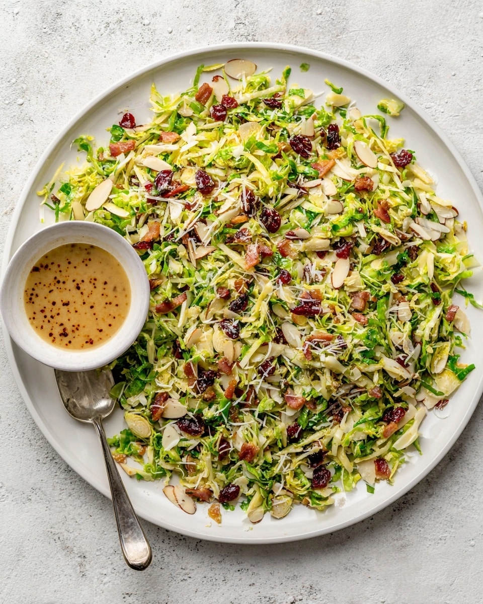 A large white plate filled with a shredded green Brussels sprouts salad mixed with thinly sliced almonds, small pieces of crispy bacon, red dried cranberries, and sprinkled with grated white cheese. On the top left of the plate, a white round bowl holds a light brown dressing with a smooth texture. A woman's hand is holding the plate on the left side, and another woman's hand is holding a fork filled with salad on the right side. The plate sits on a white marbled textured surface. Photo taken with an iphone --ar 4:5 --v 7