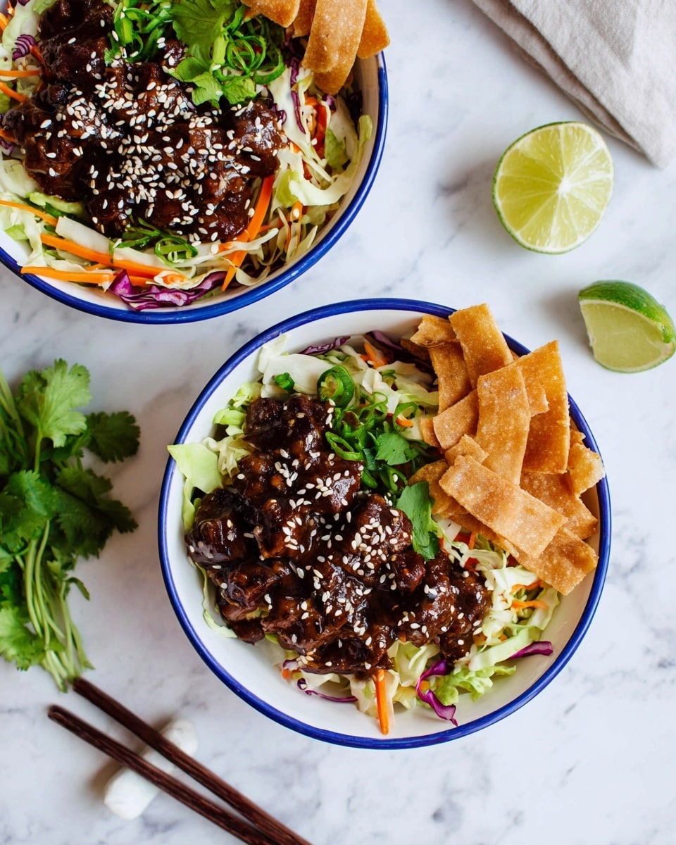 Two white bowls with blue rims filled with colorful layered food sit on a white marbled surface. Each bowl has a base layer of shredded green and purple cabbage and carrot slices, topped with dark brown, glossy pieces of cooked meat sprinkled with white and black sesame seeds. On one side of the meat, light brown crisp strips rest, adding texture. A quarter lime wedge sits beside the meat in one bowl, while the other bowl shows similar contents with the crisp strips more spread out. Bright green fresh herbs and scallions add contrast to the bowls. A white cloth with a navy stitch line and chopsticks are nearby, along with fresh cilantro and lime wedges on the surface. photo taken with an iphone --ar 4:5 --v 7