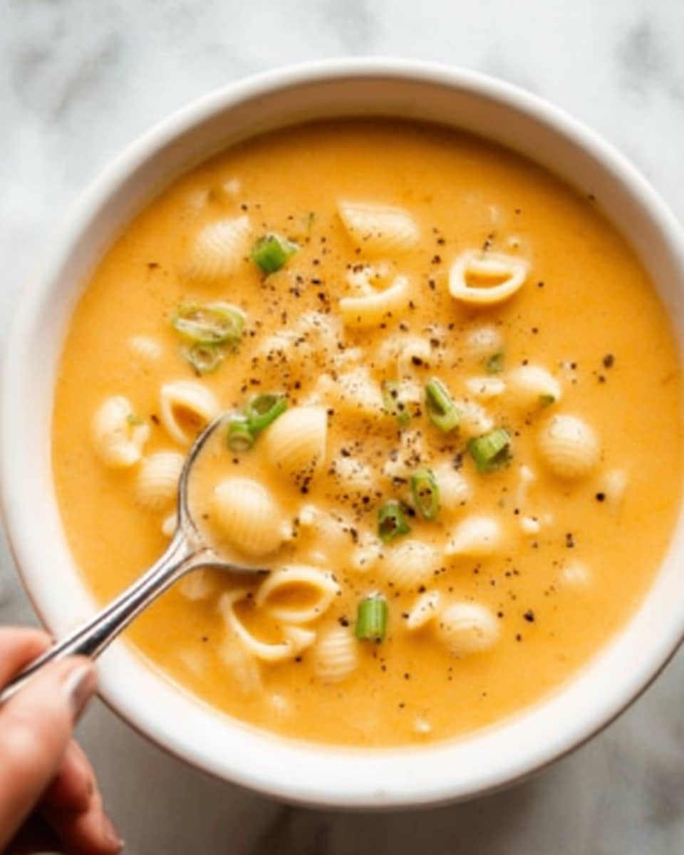 A white bowl filled with creamy orange soup that looks smooth and thick, topped with small, soft elbow macaroni pieces spread evenly on the surface. Tiny pieces of green herbs and black pepper flakes are sprinkled over the soup, adding texture and color contrast. A spoon is placed inside the bowl, partly submerged in the soup, and a woman's hand is holding the spoon, gently scooping some macaroni. The bowl sits on a white marbled surface. Photo taken with an iphone --ar 4:5 --v 7