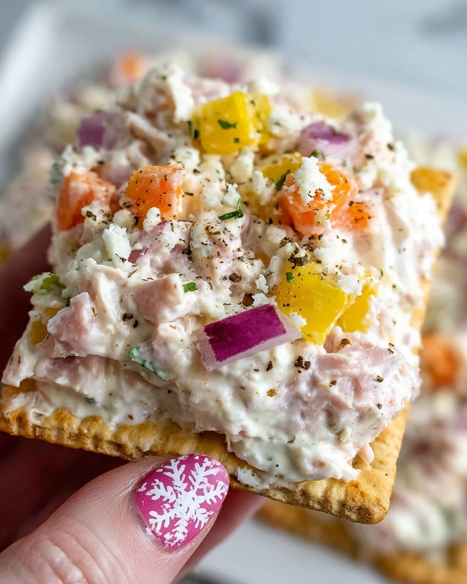 A close-up view of a single toasted cracker held by a woman's hand with pink nail polish featuring a white snowflake design. The cracker has a rough, golden brown texture as the base layer, topped with a thick, creamy salad mixture containing visible chunks of pink ham, small diced red onions, yellow bell pepper pieces, and white crumbled cheese, speckled with cracked black pepper. The creamy salad covers the cracker generously, creating a mix of soft and crunchy textures. The background shows a blurred white marbled surface with a white bowl containing more of the salad. Photo taken with an iphone --ar 4:5 --v 7
