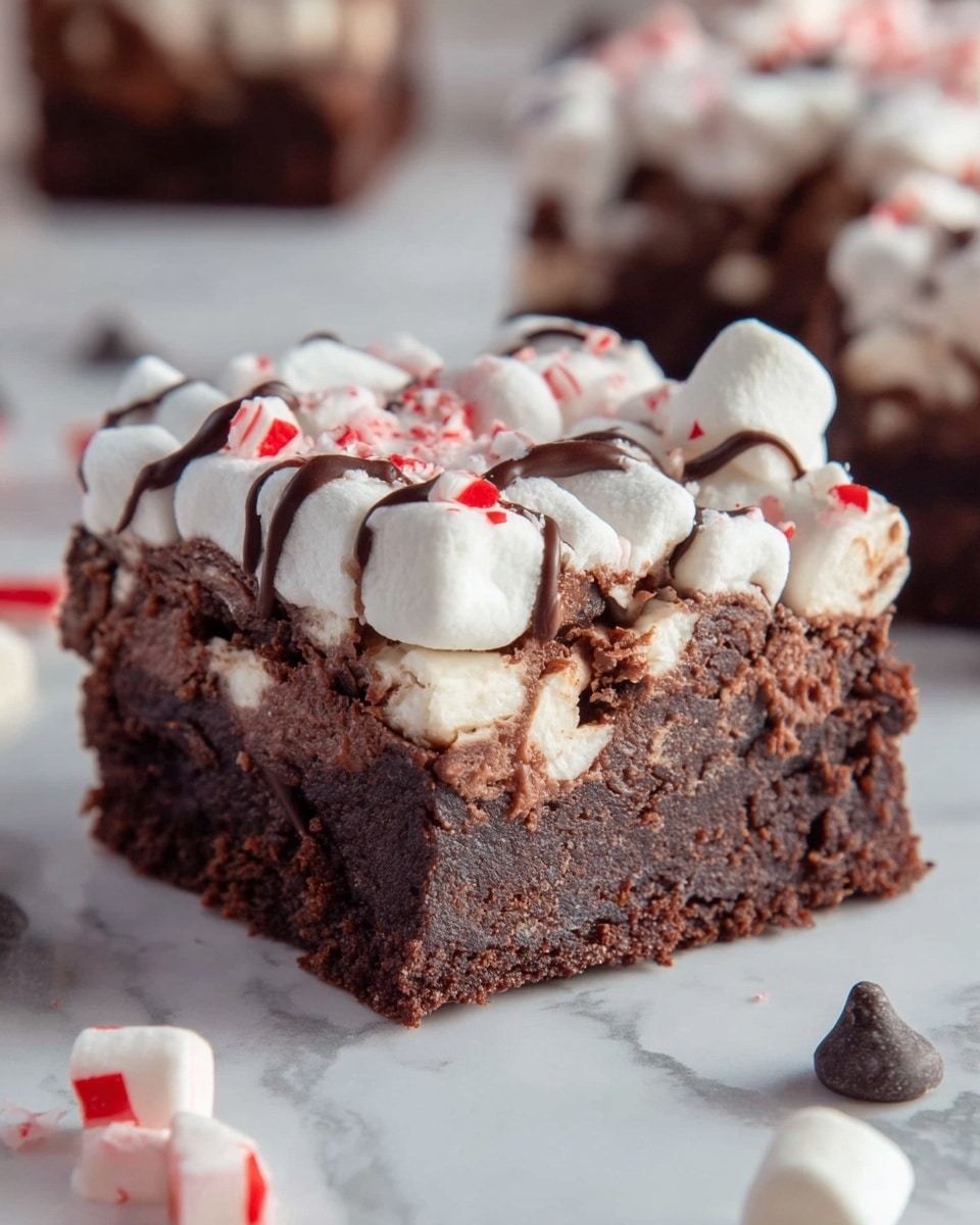 The image shows a close-up of a square chocolate dessert bar with three visible layers. The bottom layer is a dense, dark brown brownie with a slightly crumbly texture. Above this is a thick, lighter brown chocolate layer with a creamy, smooth look, mixed with bits of white marshmallow. The top layer is covered with small white marshmallows, some slightly melted, and sprinkled with crushed red and white peppermint pieces. Thin drizzles of dark chocolate run over the marshmallows, adding contrast. The dessert sits on a white marbled surface with scattered marshmallows, peppermint pieces, and a chocolate chip around it. Photo taken with an iphone --ar 4:5 --v 7