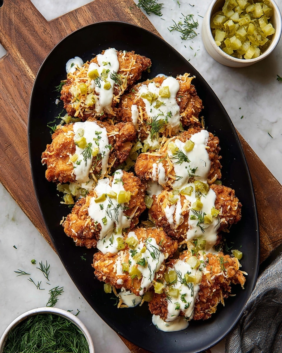 The image shows a white oval plate filled with several golden-brown, crispy fried chicken cutlets layered slightly on top of each other, each piece covered with light, crunchy breadcrumbs and sprinkled with grated cheese. On top of the chicken cutlets are drizzles of white creamy sauce, with small chunks of green pickles and tiny sprigs of fresh green dill scattered throughout. Around the plate, there are two small bowls—one filled with diced pickles and the other filled with finely chopped dill. The plate sits on a white marbled surface, with some scattered dill sprigs visible nearby. Photo taken with an iphone --ar 4:5 --v 7