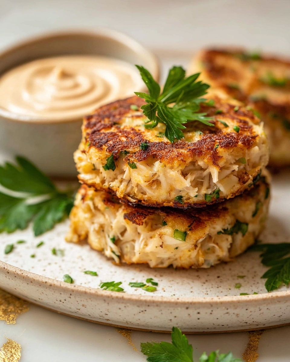 The image shows two thick, round crab cakes stacked on a white speckled plate with a white marbled background. Each crab cake has a golden brown crust on top with some crispy darker spots, and the inner texture looks soft and slightly crumbly with visible pieces of crab and green herbs mixed in. On top of the upper crab cake is a small sprig of fresh green parsley as garnish. Behind the crab cakes, there is a small white bowl filled with creamy beige sauce with a smooth texture. Additional scattered green parsley leaves decorate the plate around the crab cakes. photo taken with an iphone --ar 4:5 --v 7