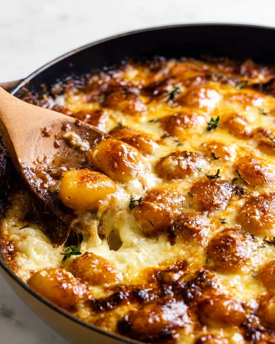 A close-up view of a brown cast iron pan filled with a baked dish that has a golden-brown melted cheese layer on top, showing a mix of melted, bubbly, and slightly browned cheese with small browned spots scattered across the surface. Beneath the cheese, there are small gnocchi pieces coated in a thick brown caramelized onion sauce, some onions visible and softened, adding texture and a glossy look. A woman’s hand wooden spoon is scooping out a portion from the side, displaying a gooey, melted texture with some stringy cheese pulled up from the dish. The background is a white marbled texture. photo taken with an iphone --ar 4:5 --v 7