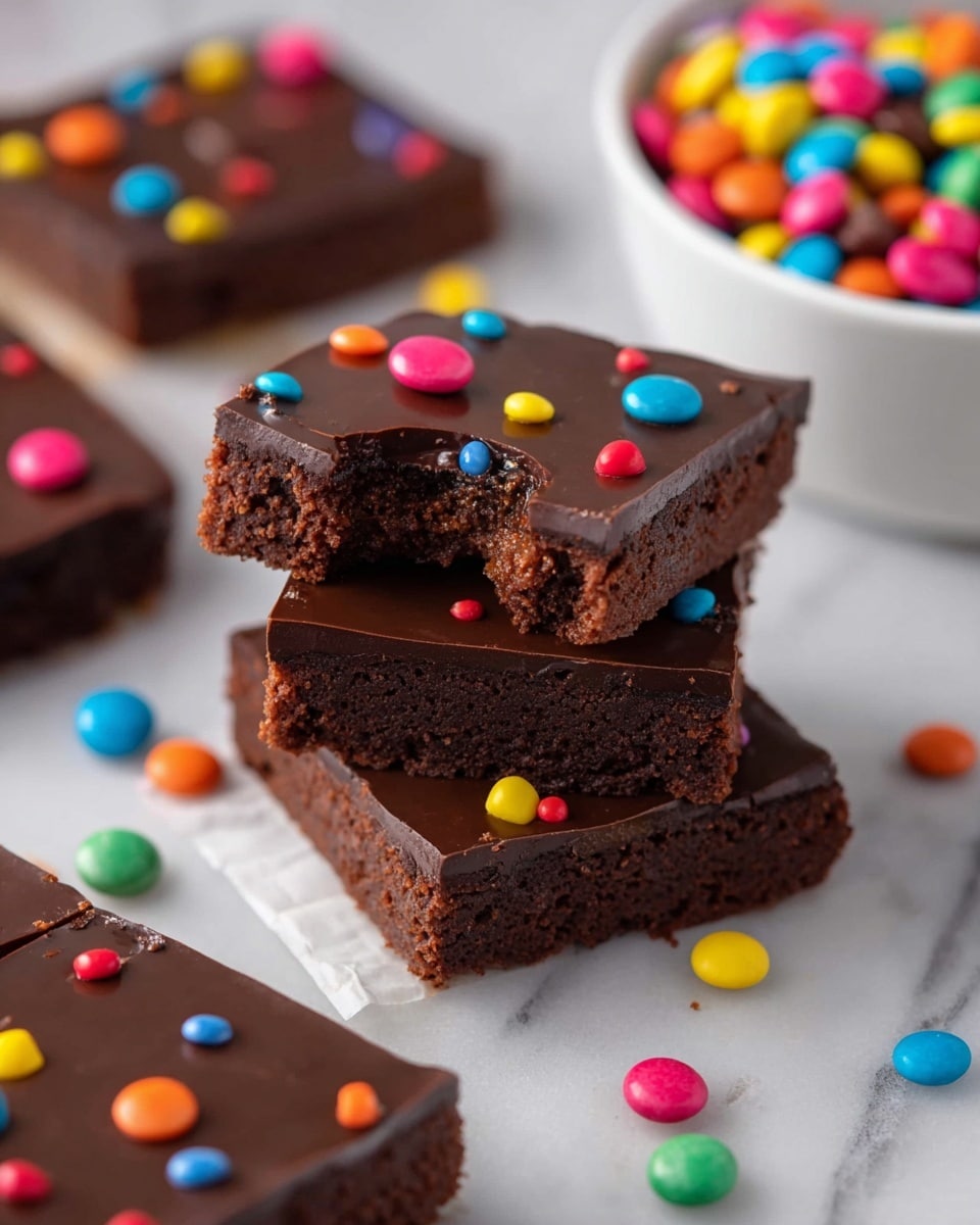 Two square chocolate brownies stacked on each other are placed on a white marbled surface, with the top brownie showing a bite taken from one corner. Each brownie has a thick, glossy dark chocolate layer on top, decorated with small, colorful candy pieces in pink, orange, blue, green, yellow, and red, scattered unevenly across the surface. Around the brownies, there are more candy pieces scattered on the white marbled surface. In the background, there is a white bowl filled with the same colorful candy pieces, partially visible on the right side of the image. Photo taken with an iphone --ar 4:5 --v 7