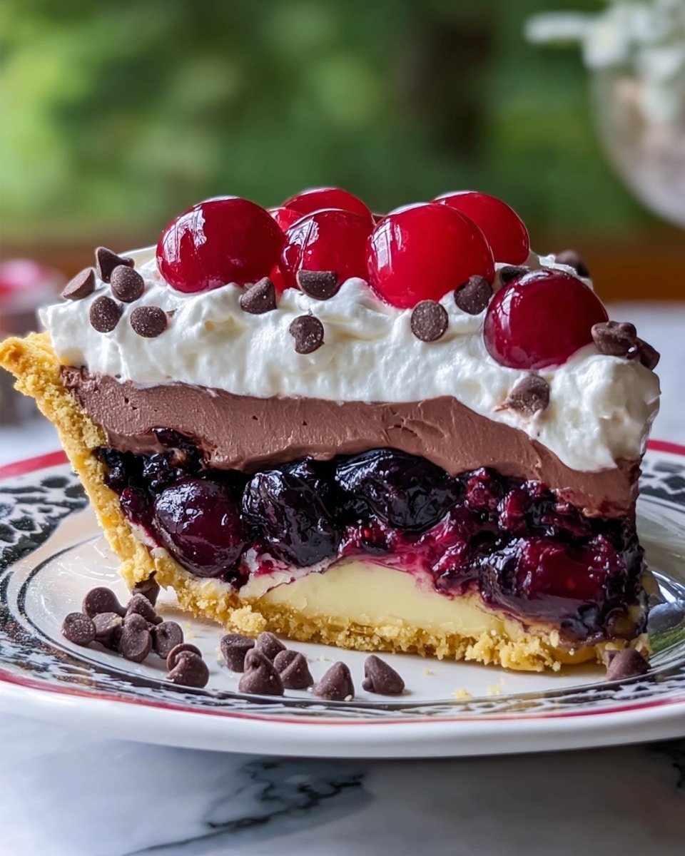 A slice of pie on a white plate with a black and red pattern shows five layers from bottom to top: a golden crumbly crust, a thin light yellow layer, a thick dark berry layer with visible whole berries, a thick smooth milk chocolate layer, and a fluffy white whipped topping covered with bright red cherries and scattered dark chocolate chips. The background has a green blur with some pink and the surface is a white marbled texture. photo taken with an iphone --ar 4:5 --v 7