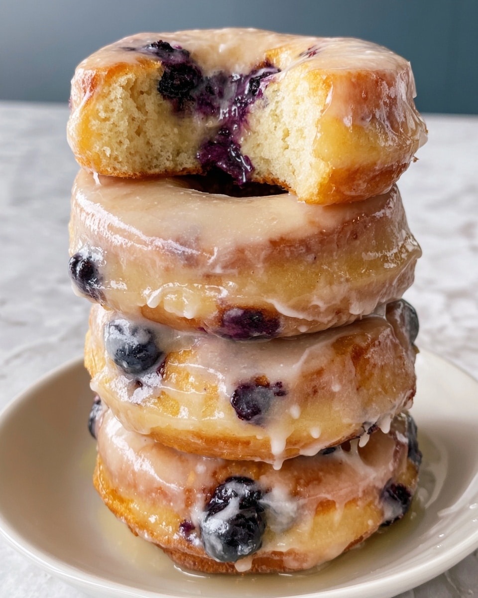 A stack of four blueberry glazed donuts sits on a white plate over a white marbled surface. The bottom three donuts form the stack, each showing a golden-brown, soft texture with visible blueberries embedded inside the dough. A thick, shiny white glaze drips down the sides of each donut. On top, a fourth donut is split and placed sideways, revealing a fluffy, light golden interior with bits of dark purple blueberries inside. The glaze coats the top donut, with some of it melting slightly into the layers below. Photo taken with an iphone --ar 4:5 --v 7