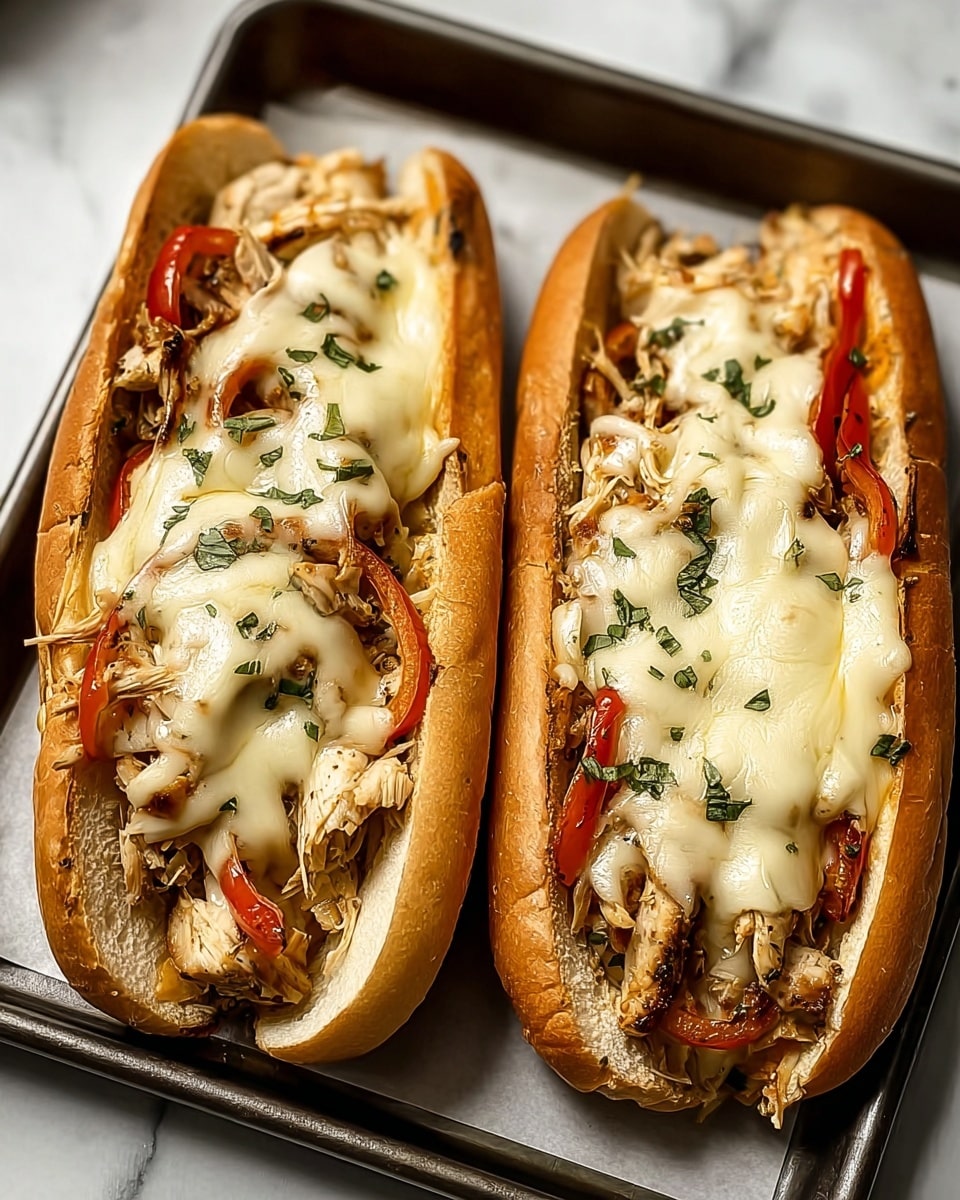 Two chicken cheesesteak sandwiches are placed side by side in a black tray lined with white paper. Each sandwich has three layers: the bottom layer is a soft, slightly toasted white hoagie bun, the middle layer consists of grilled chicken strips mixed with sautéed red bell peppers and onions, showing a mix of brown and bright red colors, and the top layer is melted white cheese with a smooth, gooey texture sprinkled with small green herbs. The tray sits on a white marbled surface. photo taken with an iphone --ar 4:5 --v 7