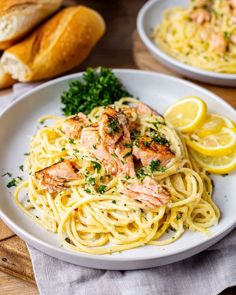 A white plate filled with a serving of creamy pasta topped with pieces of cooked salmon that have a pink and lightly browned texture, garnished with small green parsley bits scattered on top. Behind the pasta on the left side, there are three thin yellow lemon slices resting against the pasta, and a small bunch of fresh green parsley. In the background, on a white marbled textured surface, there are two pieces of golden brown bread, one broken open, and a second white plate partially visible with more pasta. The whole scene looks bright and appetizing with natural lighting. Photo taken with an iphone --ar 4:5 --v 7