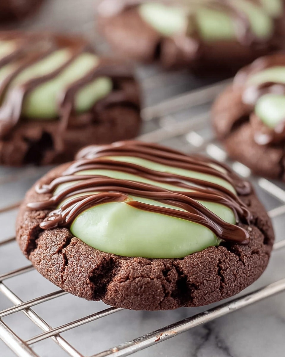 A close-up view of a single dark brown, cracked chocolate cookie resting on a silver cooling rack, topped with a smooth, light green cream layer in the center, which is decorated with thin, wavy lines of milk chocolate drizzled evenly across it. The cookie’s rough texture contrasts with the glossy cream and chocolate drizzle, and a few more similar cookies slightly out of focus can be seen in the background. The whole scene is set on a white marbled texture surface. photo taken with an iphone --ar 4:5 --v 7