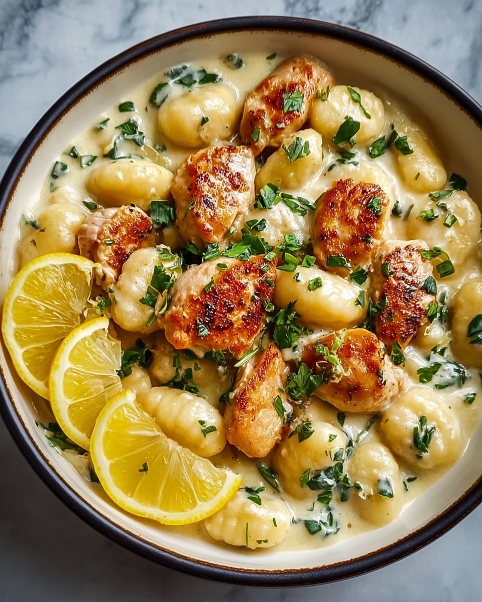 A close-up of a white bowl filled with creamy gnocchi and several pieces of golden-browned chicken. The gnocchi are pale yellow, smooth, and coated in a thick cream sauce mixed with chopped green herbs. The chicken pieces sit on top, showing a crispy, browned texture with small green herb specks. Two bright yellow lemon slices rest near the edge of the bowl, adding a fresh touch. The bowl is placed on a white marbled surface. photo taken with an iphone --ar 4:5 --v 7