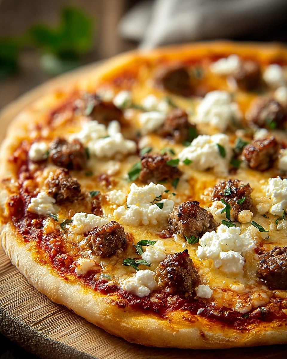 A close-up of a pizza showing a thick golden-brown crust, topped with a bright red tomato sauce spread evenly across the base. On top, there is a layer of melted cheese that is light yellow and bubbly, covered with browned, crumbly sausage pieces scattered all over. Small dollops of soft white cheese are spread evenly around the pizza, along with bits of dark green herbs adding a fresh touch. The pizza sits on a wooden board with a warm light softly highlighting the textures and colors. photo taken with an iphone --ar 4:5 --v 7