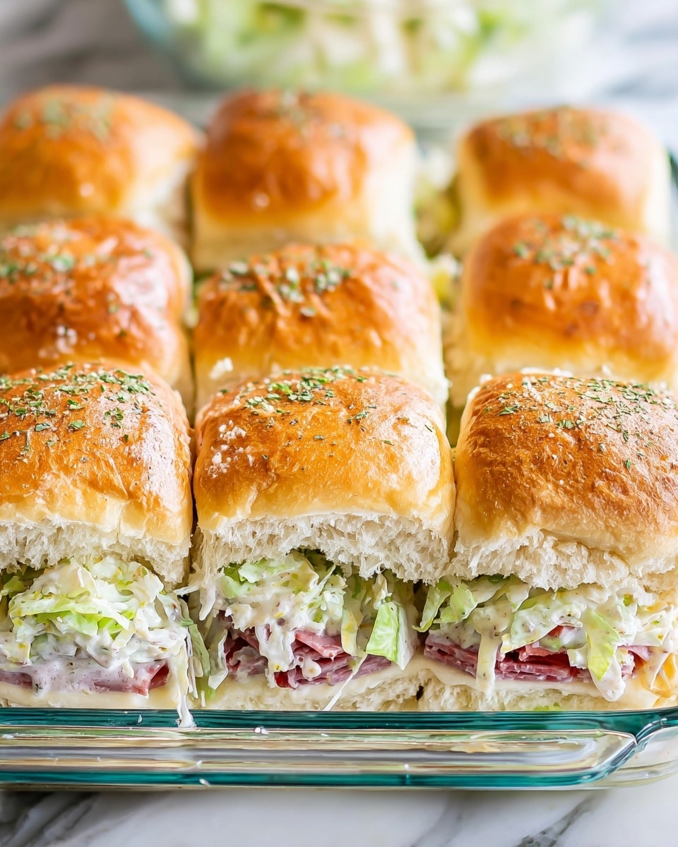 The image shows a clear glass baking dish holding nine square sandwich sliders arranged in three rows of three. Each slider has three main layers: the top layer is a golden-brown soft bun sprinkled with small green herbs, the middle layer consists of shredded green lettuce mixed with creamy white dressing and slices of red tomato and pink deli meat, and the bottom layer is a slightly toasted bun with melted white cheese visible under the meat. The dish is set on a white marbled surface that adds a clean and bright backdrop to the warm and fresh colors of the sliders. photo taken with an iphone --ar 4:5 --v 7