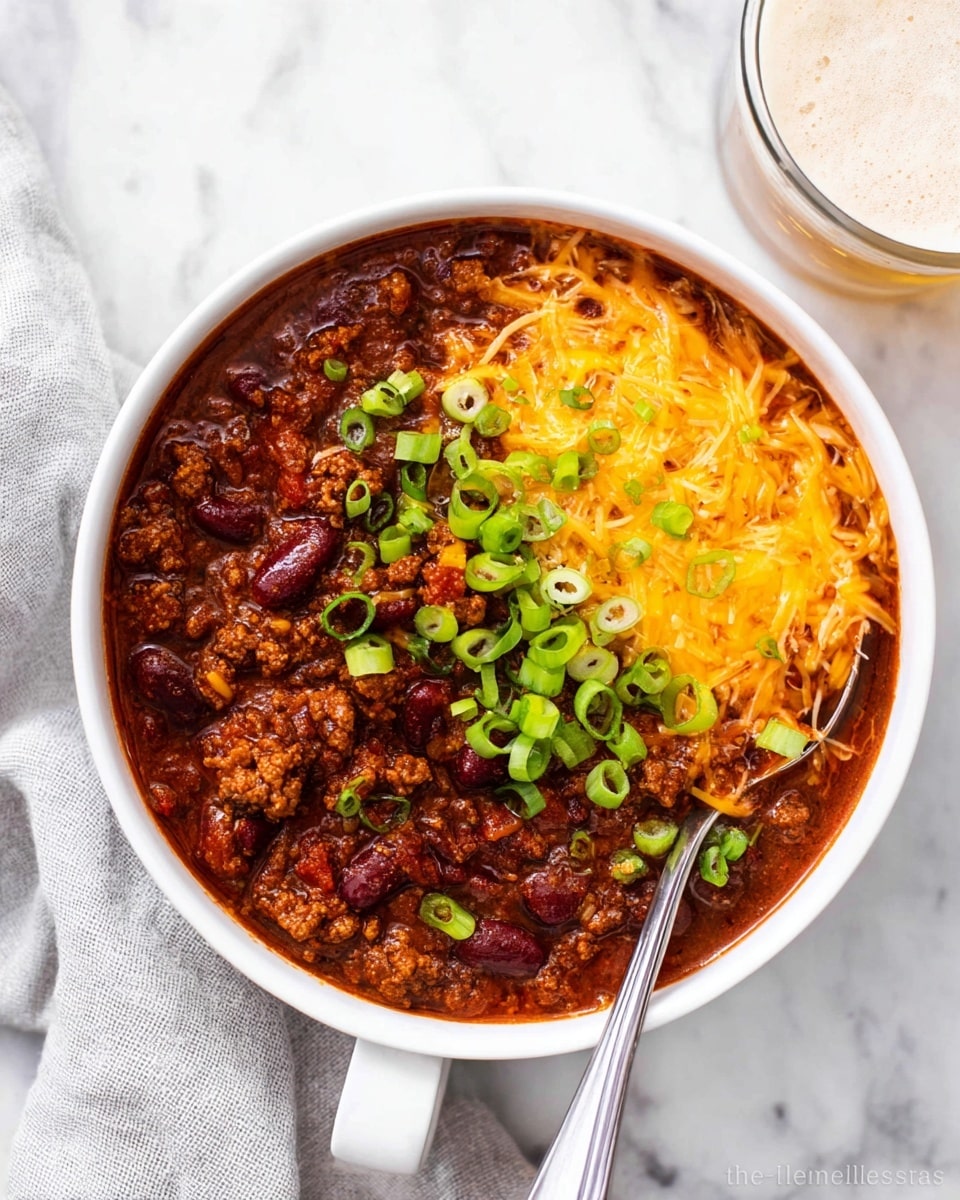 A white bowl filled with thick chili showing a deep reddish-brown color with visible chunks of ground meat and kidney beans. On the left side of the bowl, a layer of shredded bright orange cheddar cheese melts slowly into the chili. Scattered green slices of fresh scallions are sprinkled on top of both the cheese and the chili. Resting inside the bowl is a shiny silver spoon, partially submerged in the chili. The bowl sits on a white marbled surface with a soft gray cloth nearby, and a glass with light brown frothy beverage is partially visible near the top right. photo taken with an iphone --ar 4:5 --v 7