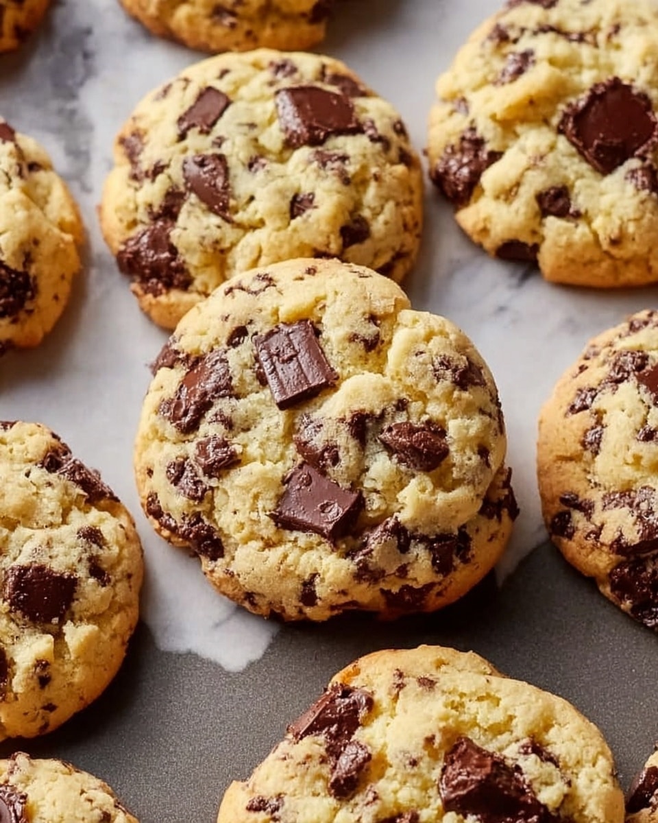 A close-up view of several freshly baked chocolate chip cookies resting on a baking tray lined with parchment paper. Each cookie has a rough, crumbly texture with light golden-brown edges and a soft yellow center, generously dotted with large, uneven chunks and smaller chips of dark chocolate scattered throughout the surface. The cookies look thick and slightly cracked, showing a homemade, chewy appeal with a soft crumb. The background presents a subtle white marbled texture, emphasizing the warm tones of the cookies. photo taken with an iphone --ar 4:5 --v 7