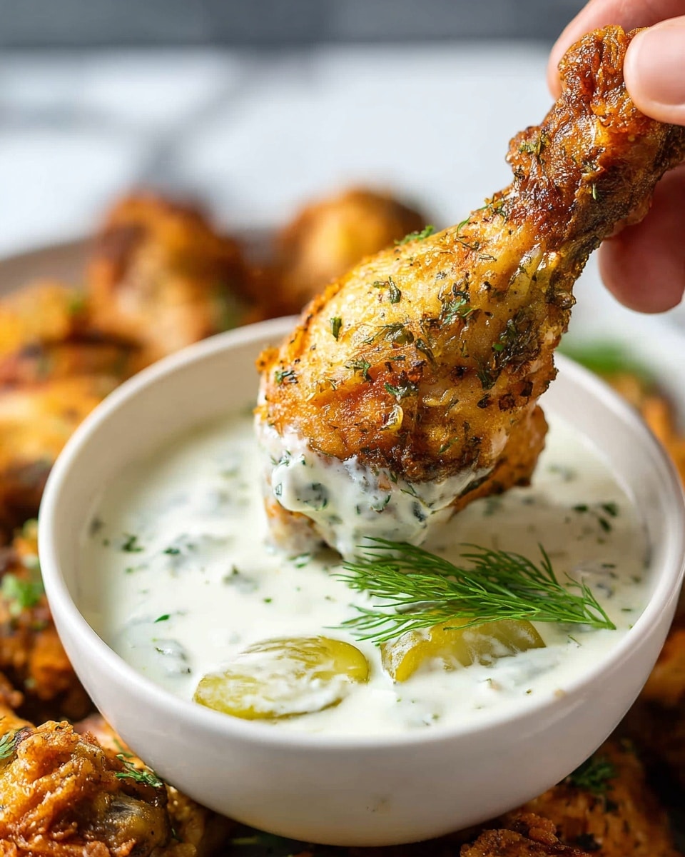 A crispy golden-brown chicken drumstick coated with herbs is held by a woman's hand, partially dipped into a creamy white sauce with green herb bits and pickles floating on top in a white bowl. A fresh sprig of green dill rests on the sauce near the front edge of the bowl. The background shows more golden fried chicken pieces softly blurred on a white marbled surface. photo taken with an iphone --ar 4:5 --v 7