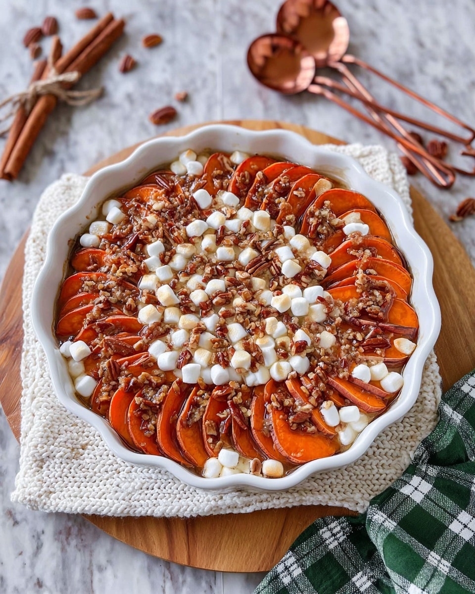 The dish shows thinly sliced sweet potatoes arranged in overlapping rows inside a white scalloped ceramic pie dish. The sweet potato slices are bright orange with a slightly caramelized, soft texture. Toasted small marshmallows with golden-brown tops are scattered unevenly over the sweet potatoes, melting slightly between the slices. Chopped pecans are sprinkled throughout the dish, adding a rough, crunchy texture. The pie dish sits on a layered setup of a wooden cutting board over a white marbled surface, with a green and white plaid cloth partially crumpled beneath the dish. In the background are copper measuring spoons and loose pecans scattered on wood. photo taken with an iphone --ar 4:5 --v 7