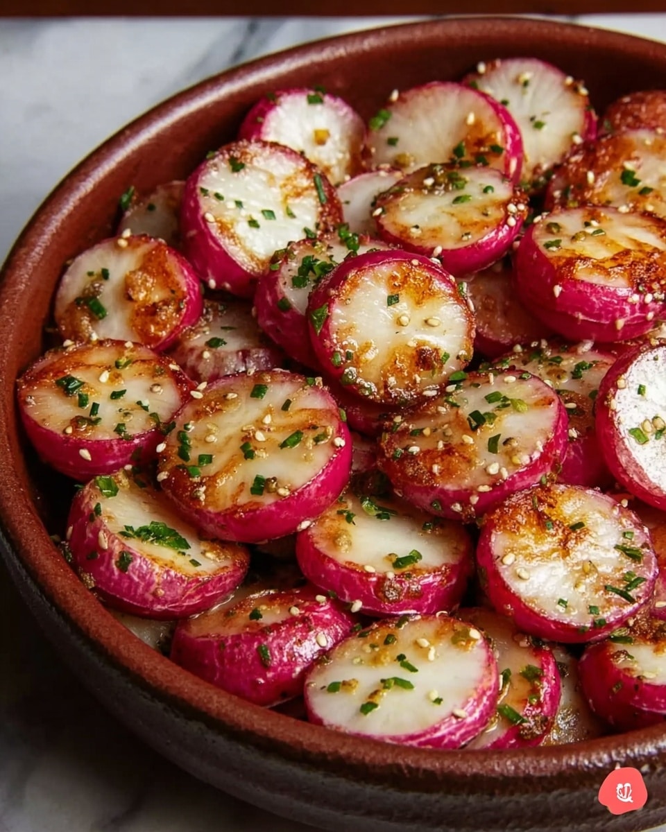 The image shows a brown ceramic dish filled with round slices of cooked red-skinned potatoes, arranged closely in one layer. Each potato slice has a golden-brown crust on top with green herbs sprinkled over, creating a mix of light yellow, red, and green colors. The surface of the potatoes looks slightly shiny and textured from seasoning and melting butter. The background is a white marbled surface. photo taken with an iphone --ar 4:5 --v 7