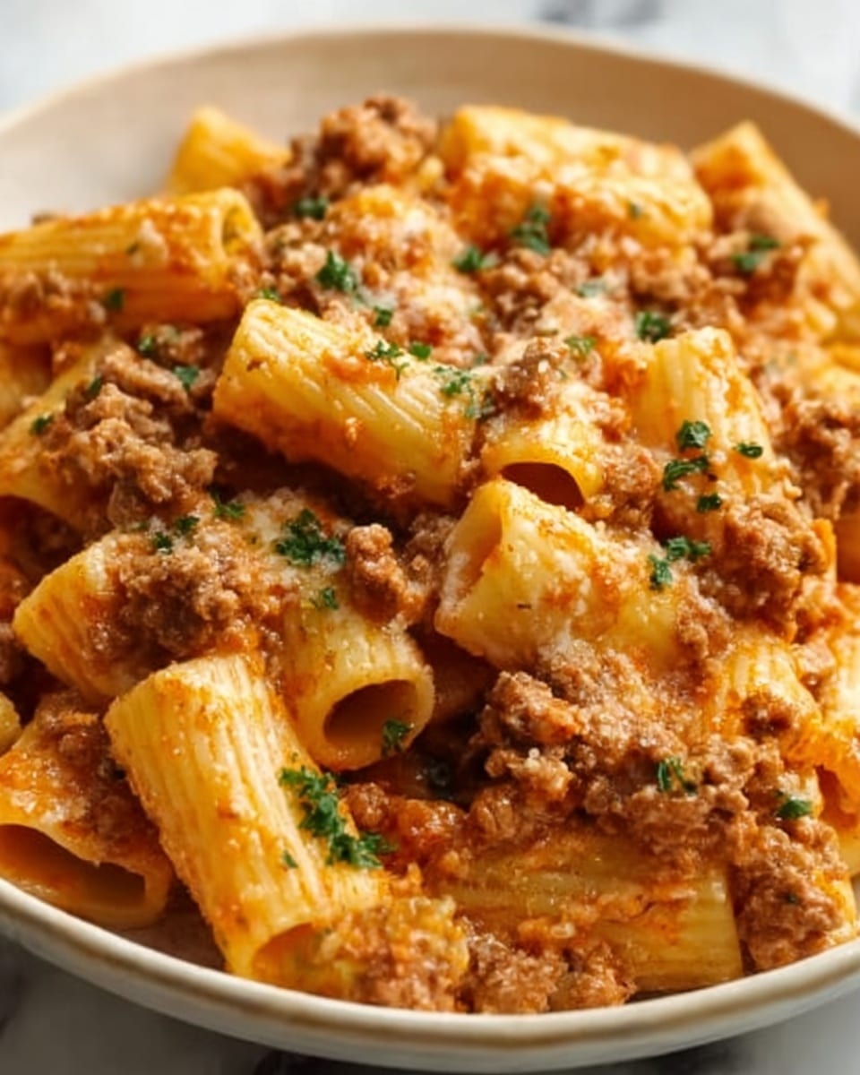 The image shows a close-up of a dish of rigatoni pasta mixed with chunky minced meat sauce. The pasta tubes are pale orange, covered with rich, creamy brown meat sauce thick with meat pieces. Small bits of green herbs are scattered evenly throughout the dish, adding a fresh touch. The texture looks hearty and slightly creamy, with pieces of meat and herbs resting on top and among the pasta. The pasta and sauce fill the white bowl fully, giving a warm and tasty feel. Photo taken with an iphone --ar 4:5 --v 7