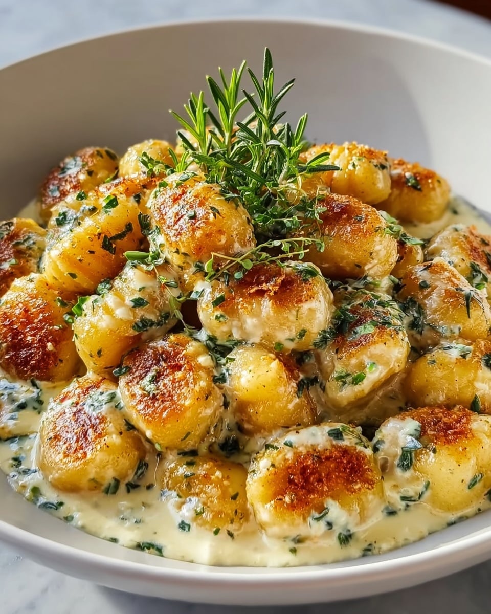 This image shows a bowl of gnocchi with a creamy herb sauce. The dish has two main layers: the bottom layer is soft, golden-brown gnocchi with some edges browned from cooking, while the top layer is a white cream sauce mixed with finely chopped green herbs that cover the gnocchi. In the center on top, there is a small bunch of fresh green herbs placed as garnish. The bowl is white, and the background has a white marbled texture. Photo taken with an iphone --ar 4:5 --v 7