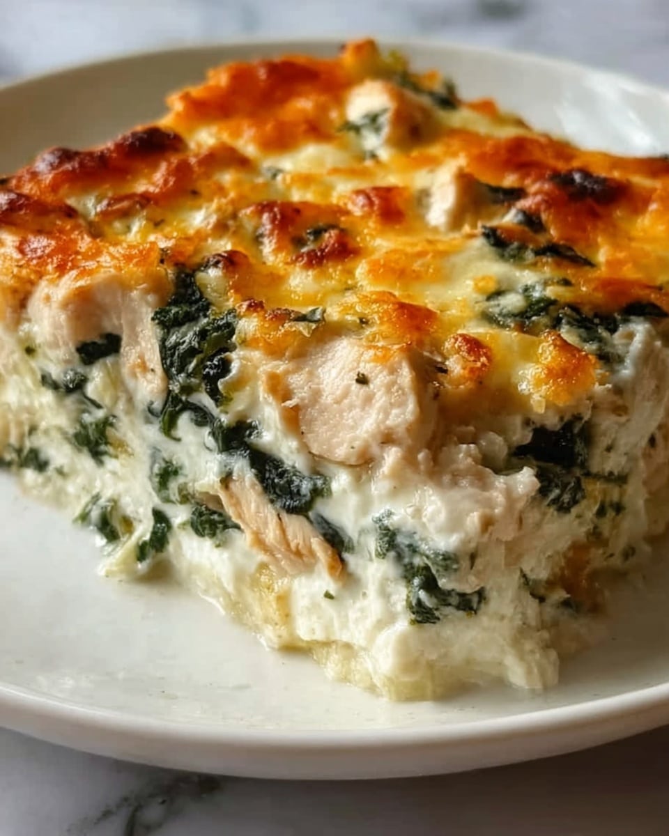 A close-up view of a creamy spinach and chicken casserole slice with a golden-brown melted cheese top layer that is slightly bubbly and uneven. Below the cheese is a white, creamy sauce mixed with small pieces of cooked spinach in dark green scattered throughout. Mixed within the creamy base are tender chunks of white chicken meat. The casserole is on a white plate placed on a white marbled surface, and a fork with a small piece of the casserole rests nearby. photo taken with an iphone --ar 4:5 --v 7