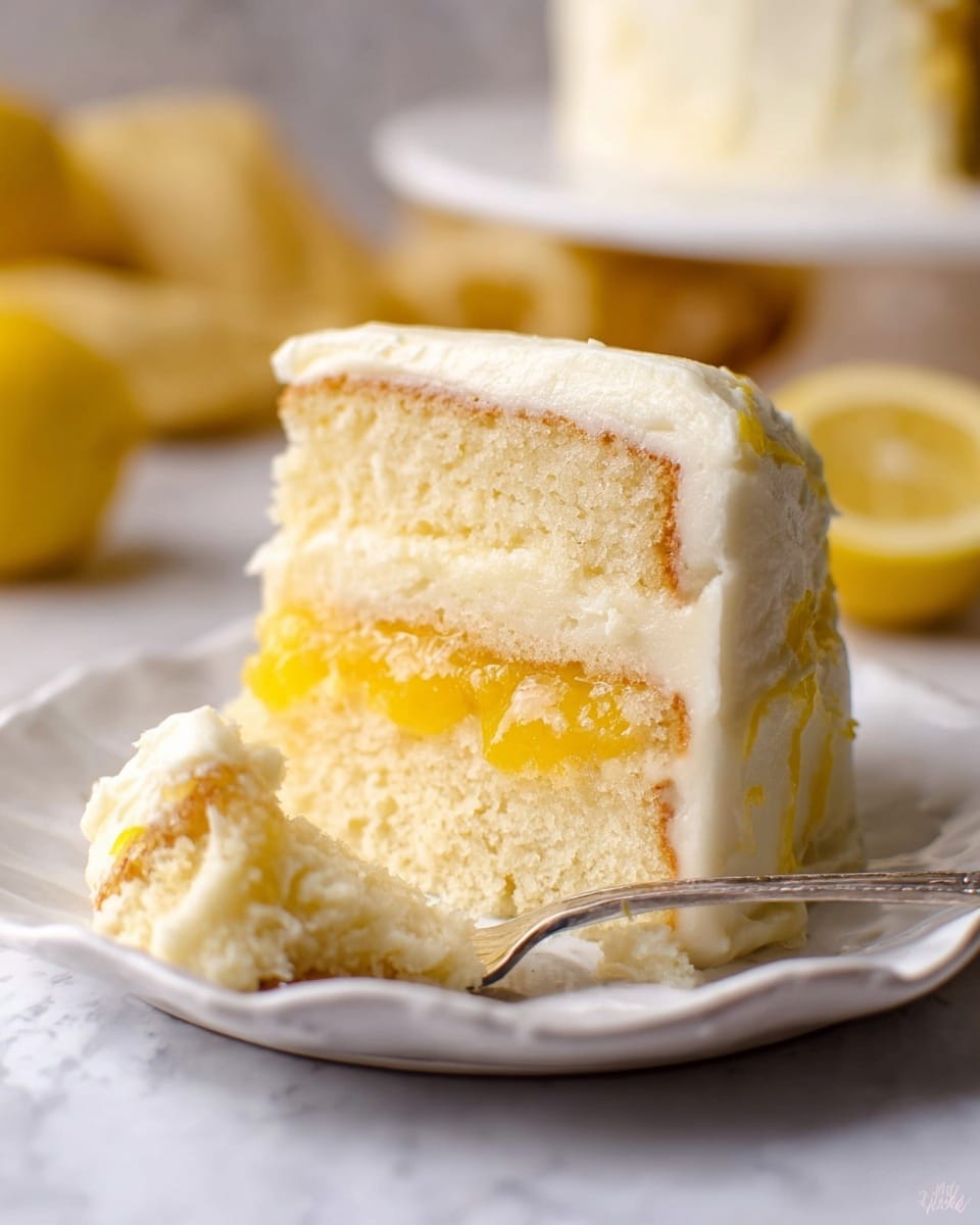 A close-up of a two-layer white cake slice on a white plate with bright yellow lemon curd filling dripping between the layers. The cake is covered with smooth, creamy white frosting, slightly thick and soft in texture. A fork beside the cake holds a small bite with both cake and frosting. The background has blurred yellow lemon halves. The scene is set on a white marbled texture. photo taken with an iphone --ar 4:5 --v 7