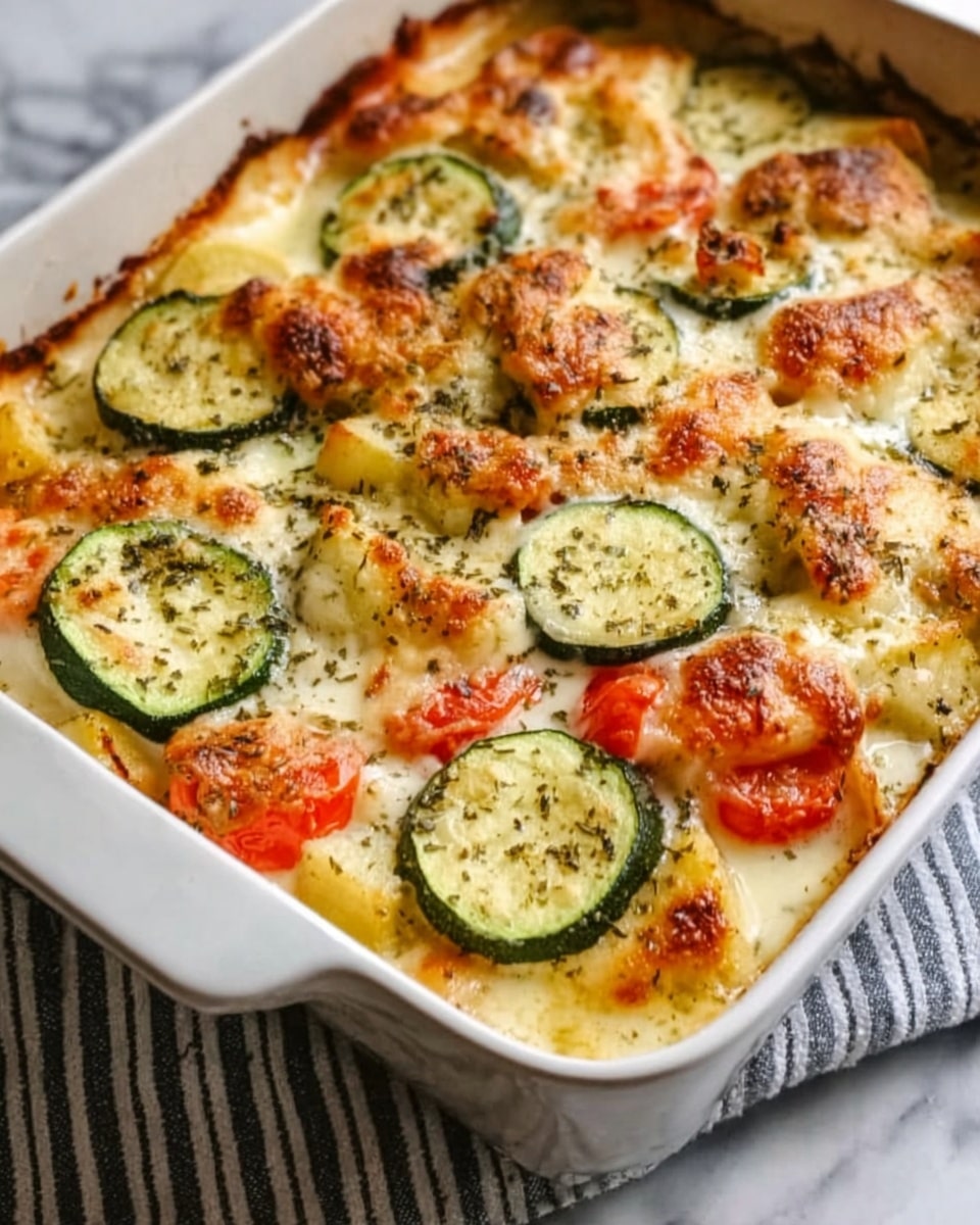 A white baking dish filled with a layered casserole showing slices of green zucchini, chunks of red tomatoes, and white cheese on top. The dish is baked to a golden brown with some darker brown spots where the cheese has melted and crisped. The vegetables are mixed with herbs and spices that add small specks of green and black across the surface. The edges of the casserole have slightly browned cheese, giving a crispy texture. The background is a white marbled surface. Photo taken with an iphone --ar 4:5 --v 7