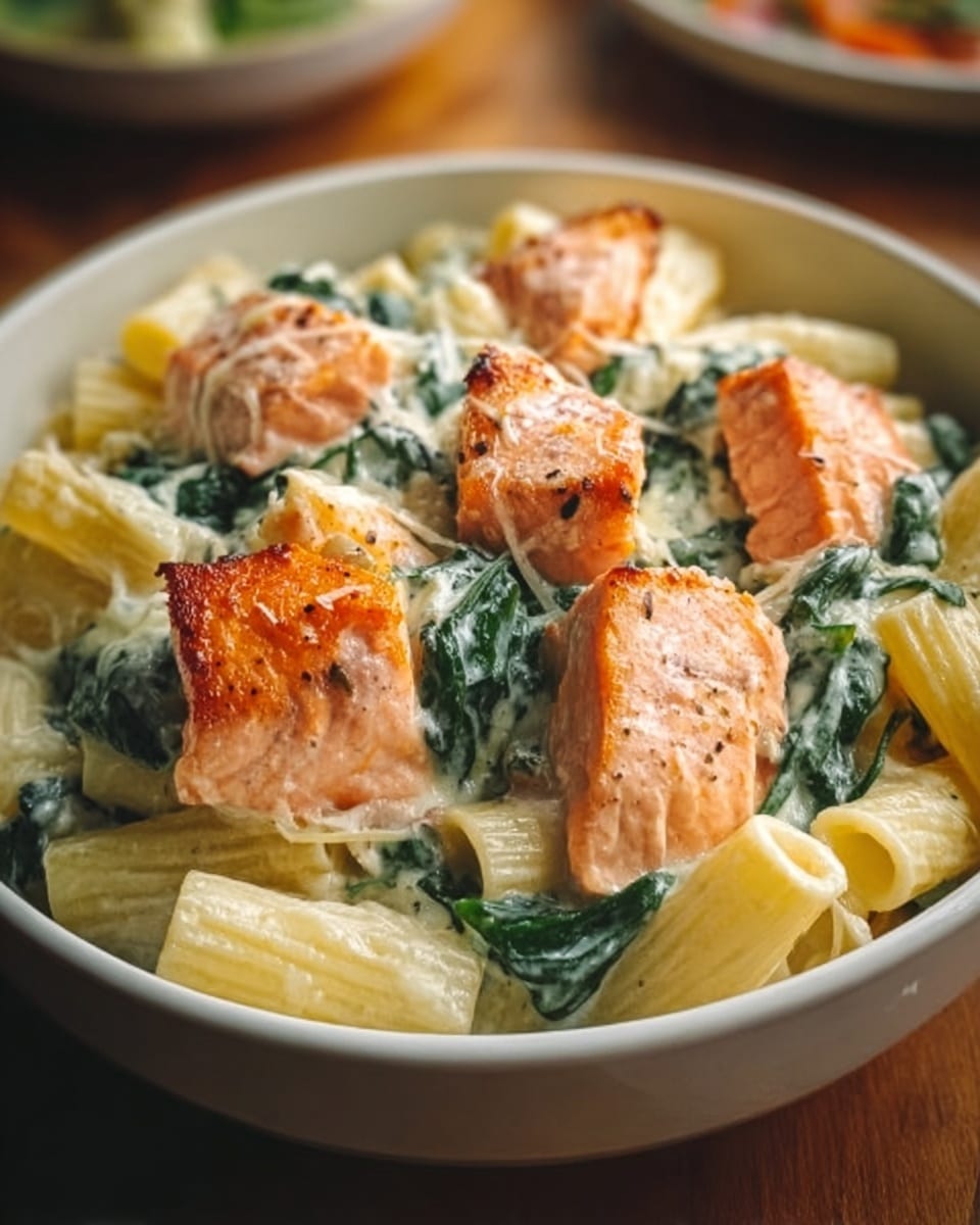 A white bowl filled with a creamy pasta dish sits on a white marbled surface. The pasta is rigatoni, pale yellow and tube-shaped, mixed with fresh green spinach leaves. On top and mixed in are pieces of cooked salmon, pink with a slight sear, scattered evenly throughout the dish. The creamy sauce is white and thick, coating the pasta and spinach. The dish is lightly sprinkled with black pepper, adding small dark specks. photo taken with an iphone --ar 4:5 --v 7