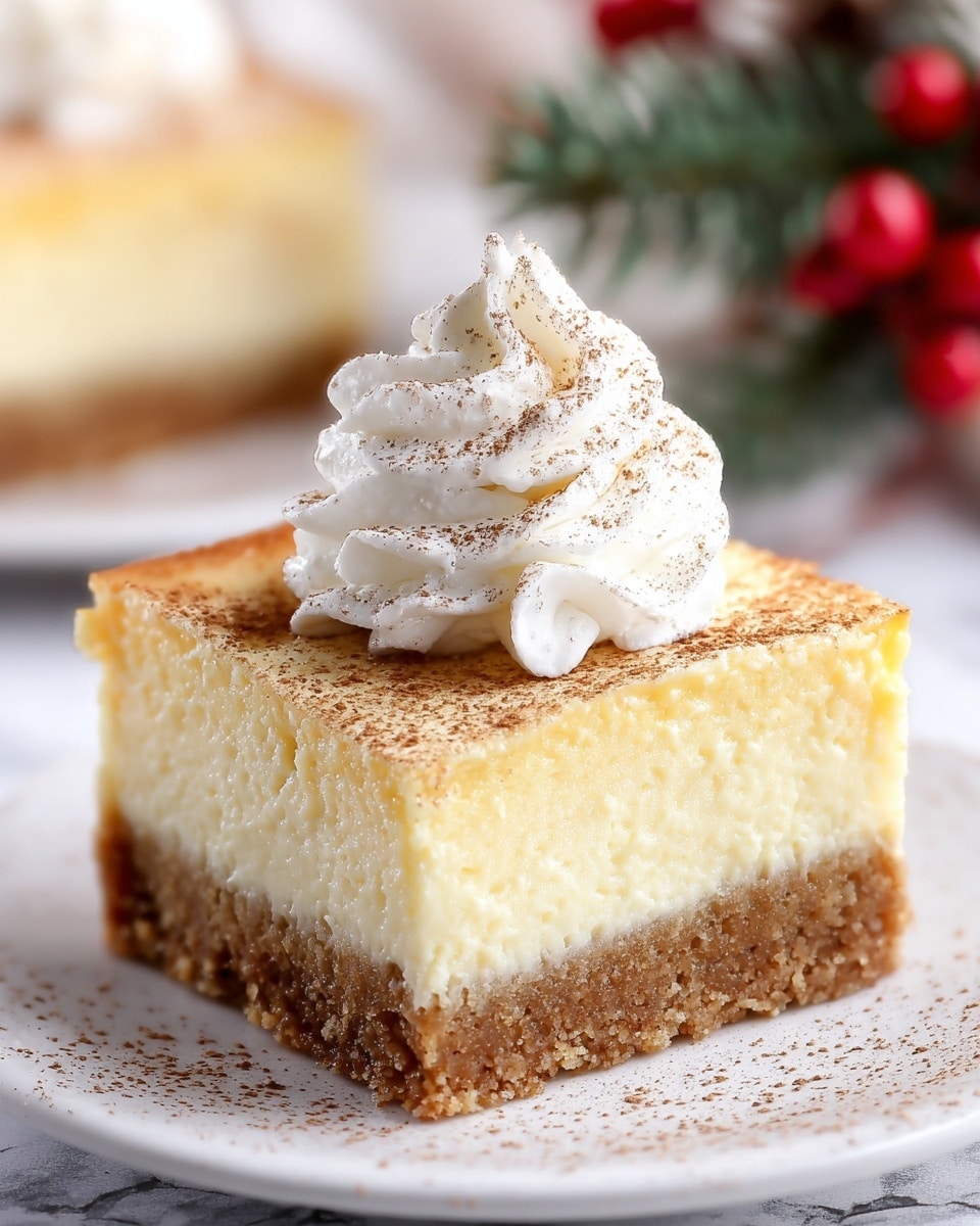 A square piece of cheesecake sits on a white plate with a white marbled texture underneath. The cheesecake has two layers: a bottom crust layer that is crumbly and light brown, and a thicker, creamy yellow layer on top with a slightly browned surface. On top of the cheesecake is a swirl of white whipped cream sprinkled with fine brown cinnamon powder, with more cinnamon dusted lightly on the plate around the dessert. In the background, there is a blurred hint of red berries and green pine needles. photo taken with an iphone --ar 4:5 --v 7
