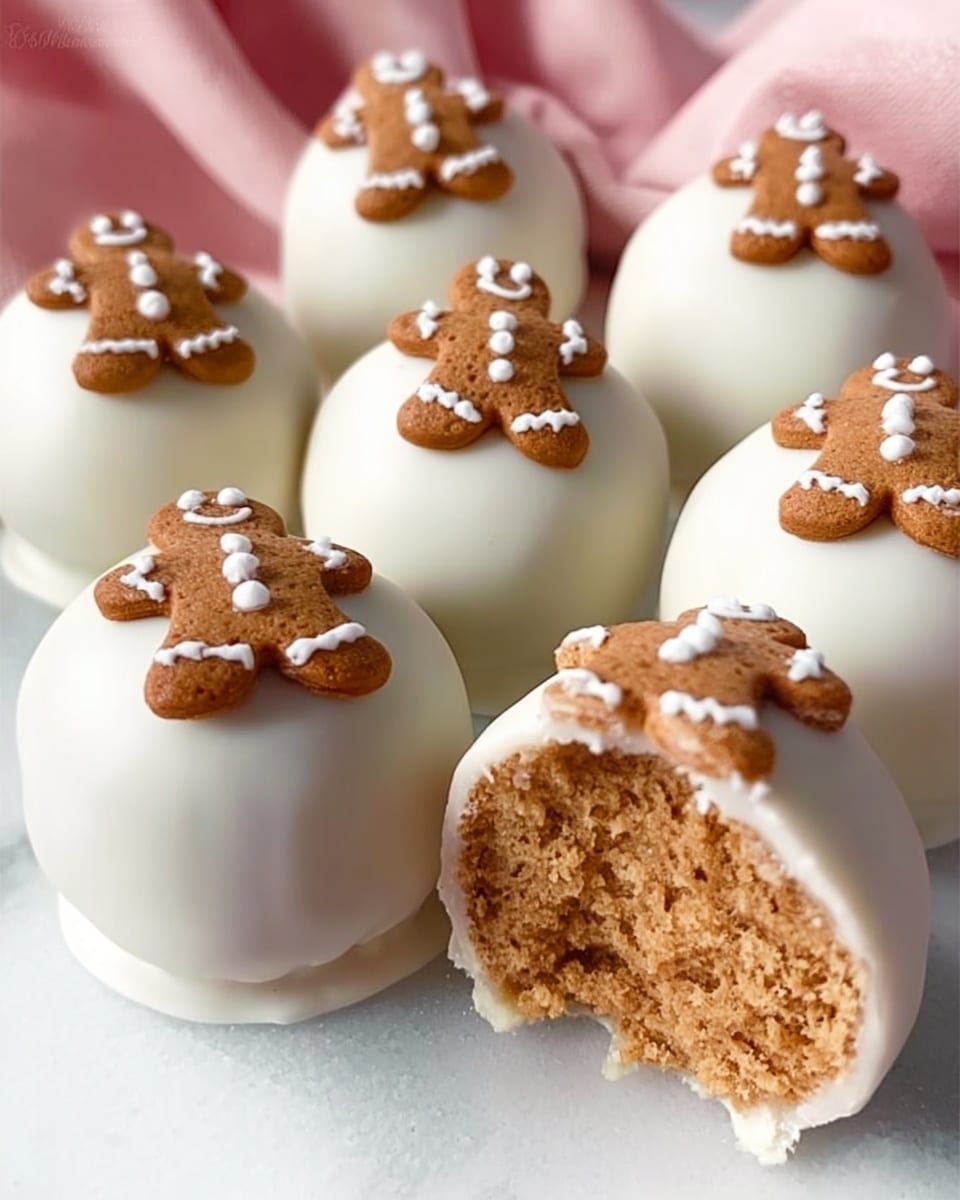 The image shows a group of round white chocolate balls placed closely together on a white plate. Each ball has a small gingerbread man cookie on top, which is golden brown with white icing details. One of the balls in the center is cut open, revealing a soft, crumbly light brown cookie dough inside. The white chocolate coating is smooth and shiny. In the background, there is a red cloth resting on a white marbled surface. photo taken with an iphone --ar 4:5 --v 7