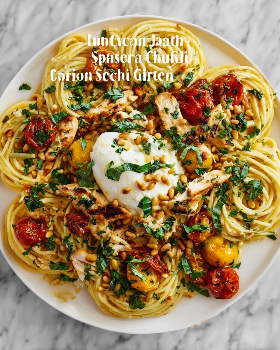 A close-up view of a white plate filled with a colorful chicken spaghetti dish, showing several approximately four twirls of light golden spaghetti noodles spread evenly across the plate; scattered throughout are pieces of browned, grilled chicken with a slightly crispy texture, bright red and yellow roasted cherry tomatoes adding vibrant color, and toasted pine nuts sprinkled on top. In the center of the plate, there is one large dollop of creamy white burrata cheese with a soft and slightly shiny texture, garnished with finely chopped green herbs that contrast with the pasta. The overall dish sits on a white marbled surface, creating a clean and fresh look, photo taken with an iphone --ar 4:5 --v 7